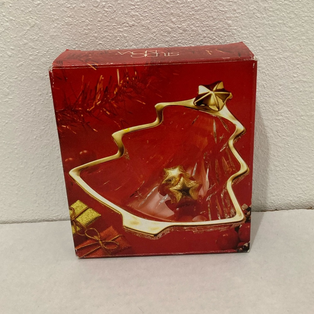 Vintage Studio Nova Clear Glass Christmas Tree Dish Gold Trim In Original Box